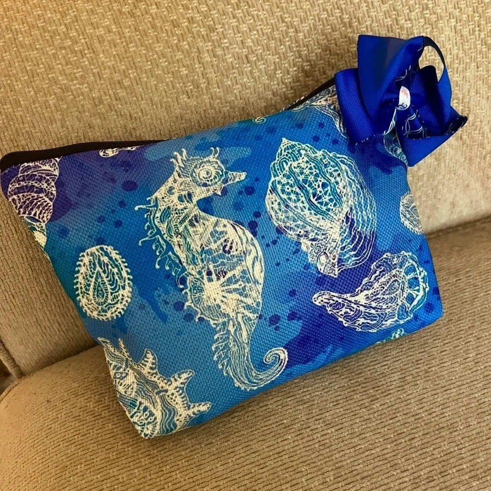 Victoria Leland Designs Blue Sea Life Print Pouch with Bow